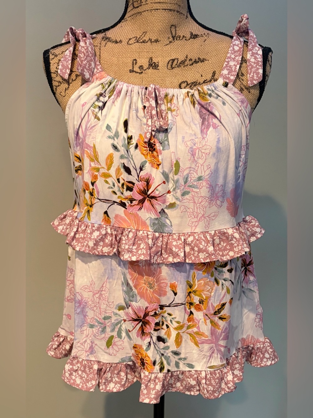 Cupio Celestial Garden Multicolor Tie Strap Ruffle Tank Top - Size Medium